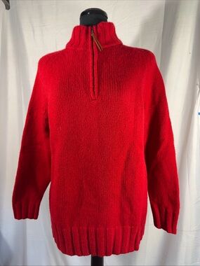Lauren Ralph Lauren Bright Red Knit 1/4 zip Sweater Lambs wool Warm Thick knit